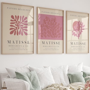Matisse Botanic Gallery Wall Art Set of 3, Różowy kolor Abstrakcyjne wydruki Matisse&#39;a, Sztuka nowoczesna z połowy wieku, Plakat wystawowy, Estetyczny wystrój