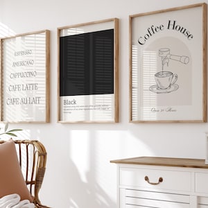 Conjunto de 3 impressões de cafeteria de cozinha em preto e branco, arte de parede de cafeteria moderna, pôster de menu de café expresso, canto de café digital para impressão
