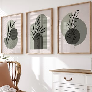 Sage Green Boho Botanical Gallery Wall Art Set of 3, Printable Abstract ...