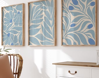 Pastel Blue and Beige Botanical Wall Art Set of 3, Abstract Matisse Boho Print, Printable Flower Market Wall Decor, Mid Century Modern Art