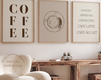 Kitchen Coffee Bar Print Set of 3, Minimalist Coffee Corner Wall Art, Espresso Coffee Menu Prints, Modern Beige Kitchen Wall Decor