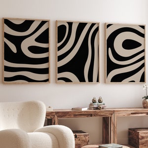 Conjunto de 3 arte de parede abstrata em preto e branco, decoração de arte de parede moderna e minimalista, conjunto de impressão digital de linhas geométricas, decoração de sala de estar neutra