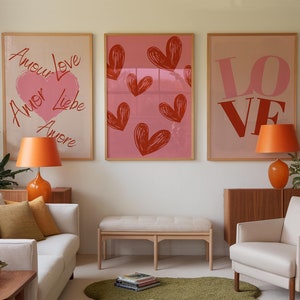 Juego de 3 impresiones abstractas modernas y femeninas con arte de pared con diseño retro de amor, póster con tipografía rosa romántica de moda, decoración de pared estilo años 70 en rojo elegante