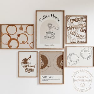 Lot de 6 oeuvres d'art murales neutres Coffee Bar, impressions de cuisine marron, art mural imprimable latte, ensemble d'affiches d'angle café, décoration café moderne