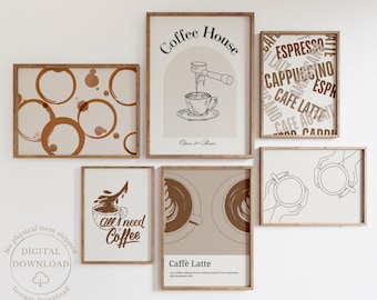 Coffee Bar Neutral Wall Art Set of 6, Brown Kitchen Prints, Latte Printable Wall Art, Coffee Corner Poster Set, Modern Coffee Decor