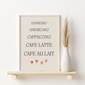 Arte de parede de bar de café de cozinha, impressões de cozinha, impressões de café, decoração de casa minimalista, pôster de guia de café, impressões de menu de café, arte de café fofa
