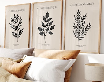 Botanical Leaf Black and White Wall Art Set of 3, Modern Farmhouse Wildflower Poster, Minimalist Tropical Print, Rustic Flower Boho Decor