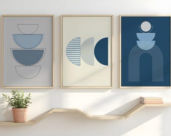 Blue Geometric Mid Century Modern Gallery Wall Art Set of 3, Boho Style Trendy Art Prints, Printable Simple Minimalist Abstract Wall Decor