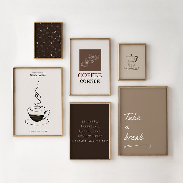 Coffee Bar Wall Art Print Set of 6, Coffee Prints, Brown Coffee Corner Wall Art, Modern Minimalist Print Set, Printable Wall Art, Poster Set