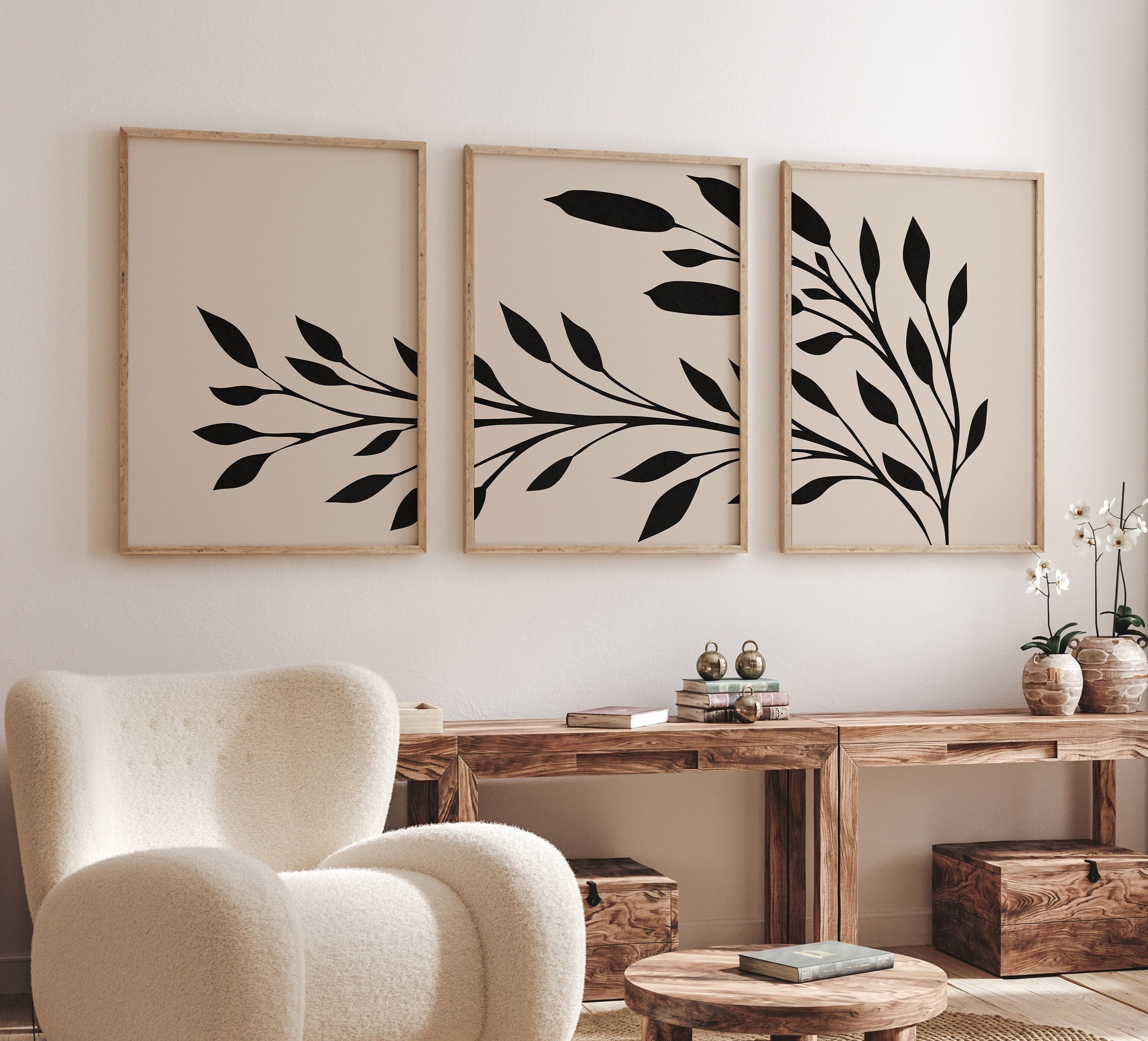 Botanical Black and White Leaves Wall Art Set of 3, Boho Fall Print, Simple Minimalist Botanical Wall Decor, Modern Printable Flower Poster
