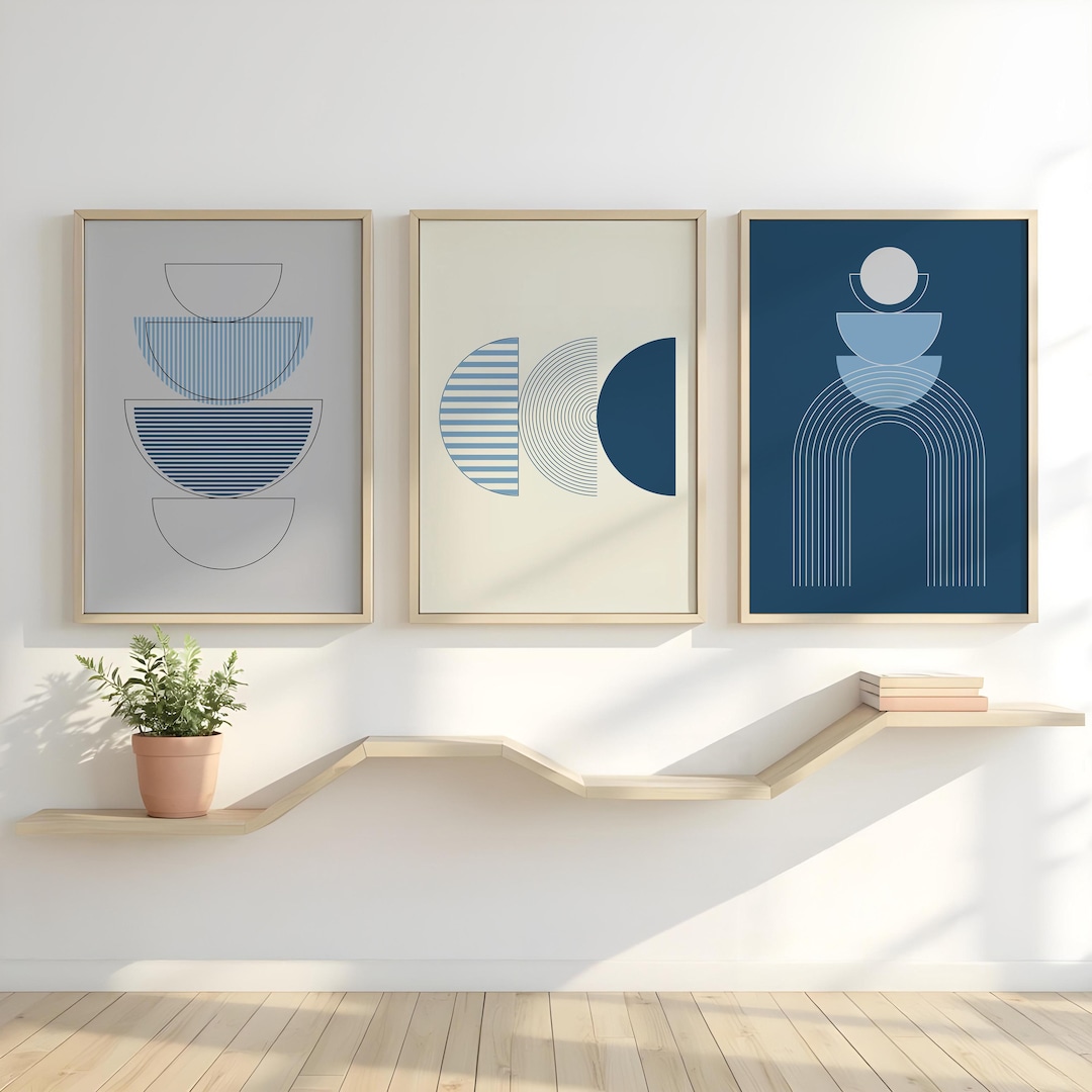Blue Geometric Mid Century Modern Gallery Wall Art Set of 3, Boho Style ...