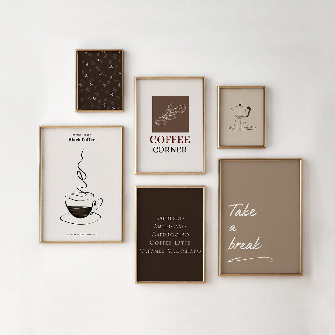 Coffee Bar Wall Art Print Set of 6, Coffee Prints, Brown Coffee Corner
