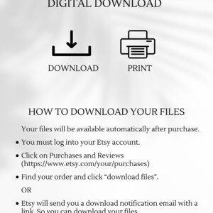 May include: Digital download instructions for Etsy purchases.  The text explains how to download digital files after purchase, including logging into your Etsy account, clicking on Purchases and Reviews, finding your order, and clicking "download files".  Etsy will also send a download notification email with a link.