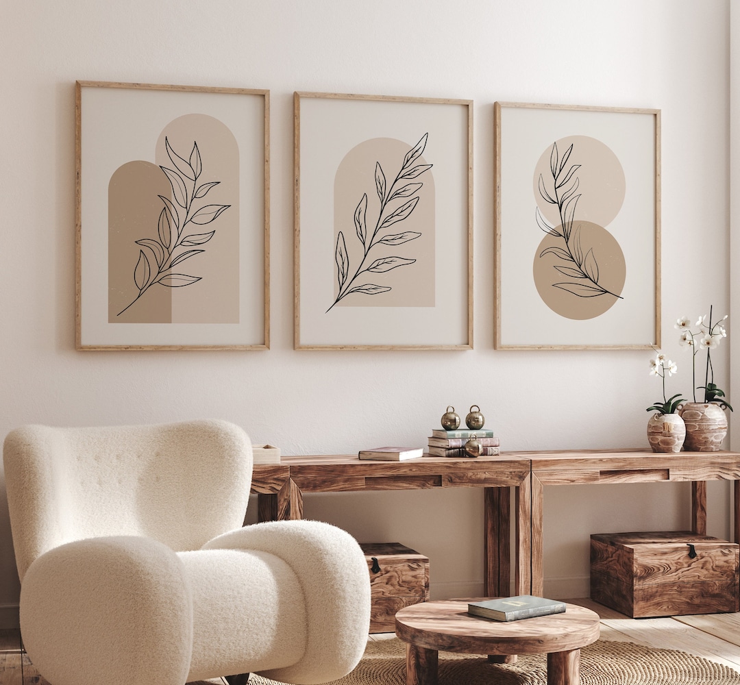 Boho Style Neutral Living Room Wall Art Set of 3, Minimalist Botanical ...
