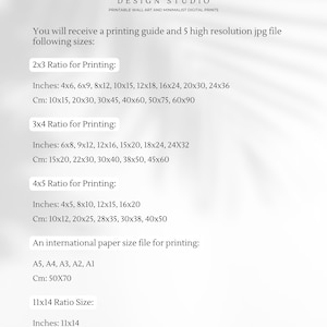 May include: A printable wall art and minimalist digital prints guide with information about different print sizes in inches and centimeters. The guide includes 2x3, 3x4, 4x5, and 11x14 ratios, as well as international paper sizes like A5, A4, A3, A2, and A1.