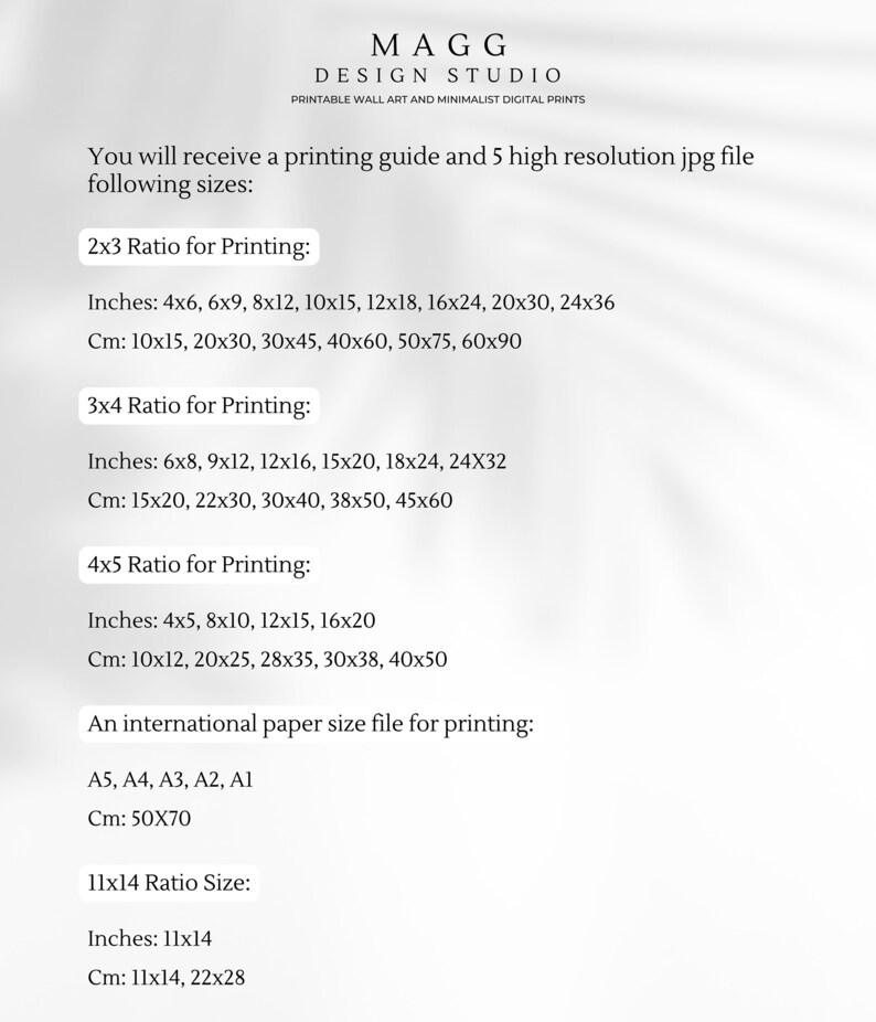 May include: A printable wall art and minimalist digital prints guide with information about different print sizes in inches and centimeters. The guide includes 2x3, 3x4, 4x5, and 11x14 ratios, as well as international paper sizes like A5, A4, A3, A2, and A1.