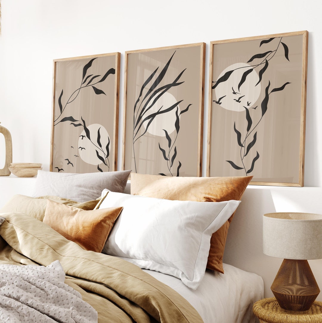 Palm Leaf Beige Black Boho Wall Art Set of 3, Vintage Botanical Print ...
