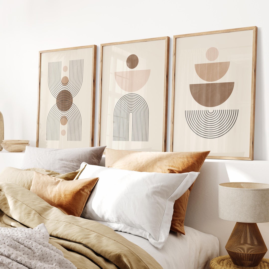 Brown Mid Century Modern Gallery Wall Art Set of 3, Boho Style Art ...