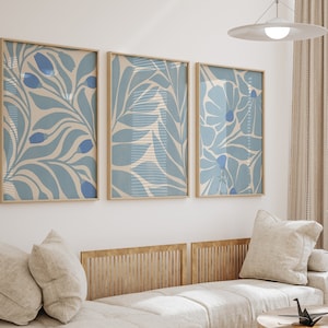 Pastel Blue and Beige Botanical Wall Art Set of 3, Abstract Matisse ...