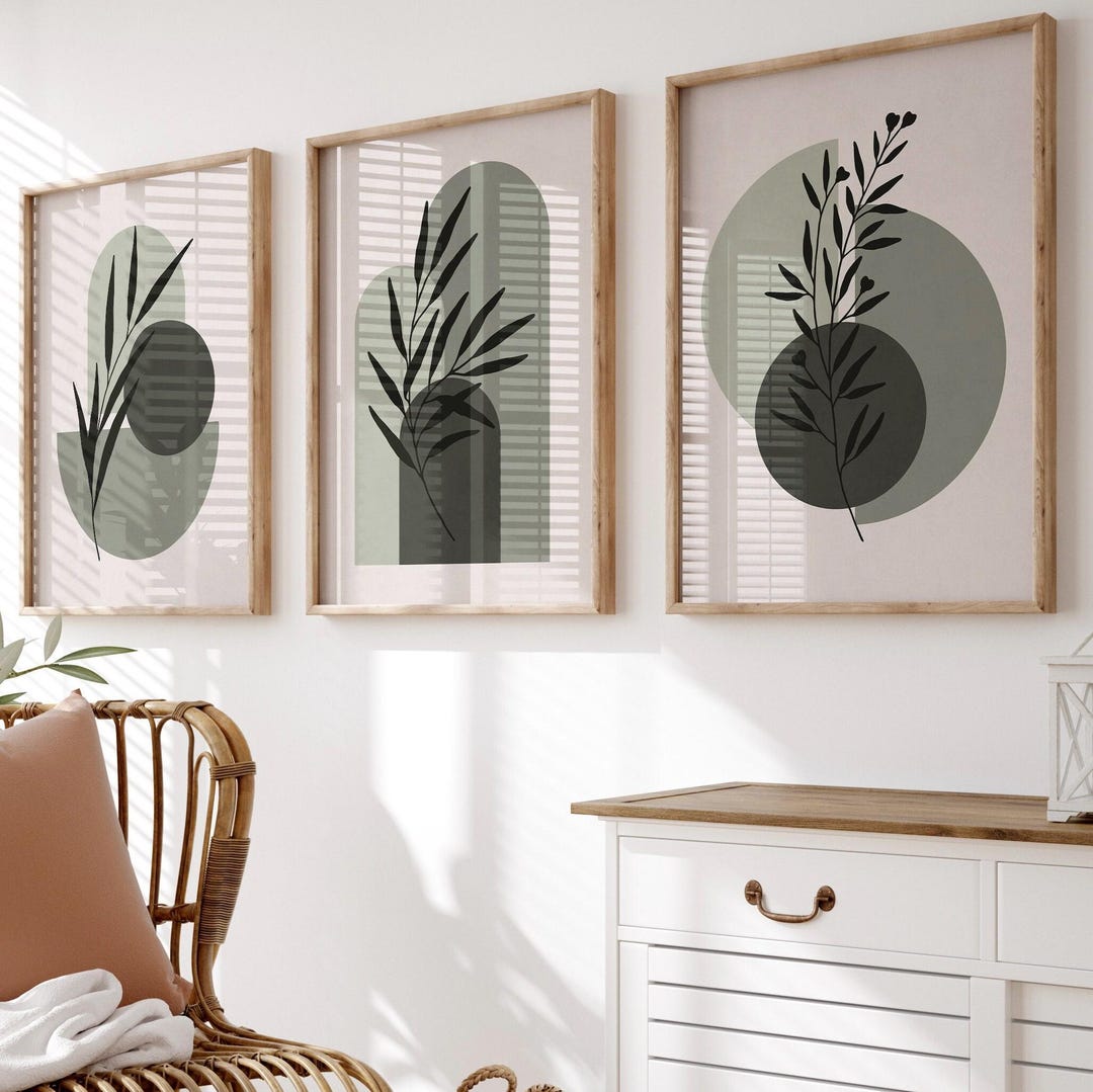 Sage Green Boho Botanical Gallery Wall Art Set of 3, Printable Abstract ...