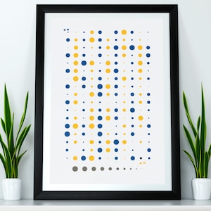 May include: A framed print with a white background and a pattern of blue and yellow circles. The circles are arranged in a grid pattern, with the blue circles getting larger as they go down the page. The bottom row of the print has a row of smaller gray circles.