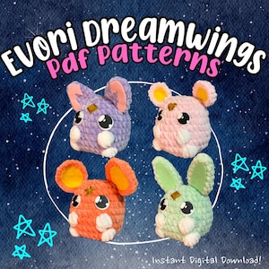 May include: Four crocheted amigurumi plushies in different colours and designs. The plushies are a purple cat, a pink bunny, a peach-coloured mouse, and a green bunny. The plushies are arranged in a circle on a blue background with stars. The text "Evori dreamwings pdf patterns" is at the top of the image.