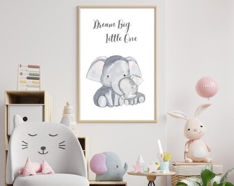 Nursery Decor, Elephant Wall Art, Elephant Decor, Baby Nursery Wall Art, Dream Big, Little One, Animal Baby Print, Gender Neutral, DIY