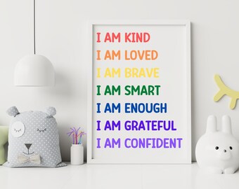 YO SOY, Impresión de afirmación de niños, Arte de pared positivo para niños, Afirmación, Atención plena, impresión de confianza en sí mismo, amor propio, Decoración de guardería, Habitación para niños