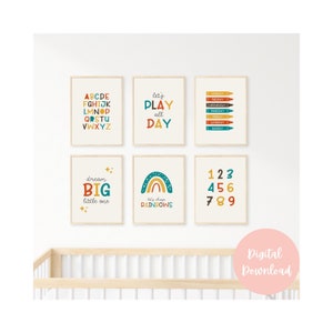 Set of 6 Cute Nursery Art Prints, Home decor, Alphabet and Numbers Wall Art, Kids Educational Prints, Playroom Art, Digital download Prints