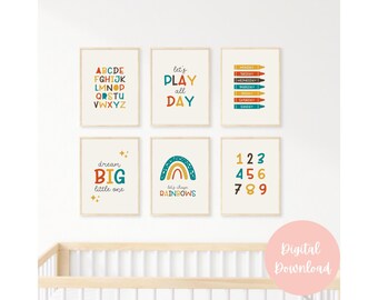 Set of 6 Cute Nursery Art Prints, Home decor, Alphabet and Numbers Wall Art, Kids Educational Prints, Playroom Art, Digital download Prints