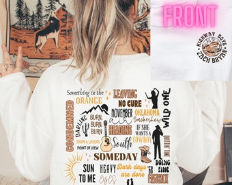 Zach Bryan Highway Boys Tour Sweatshirt, Song Titles, Western Vibes, So Trendy and Cozy, Oversized or Regular Fit, Dress Up or Down