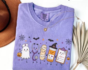 Comfort Colors Halloween Nurse Shirt, Nursing Doodle T-Shirt, Medical Assistant Spooky Season Tshirt