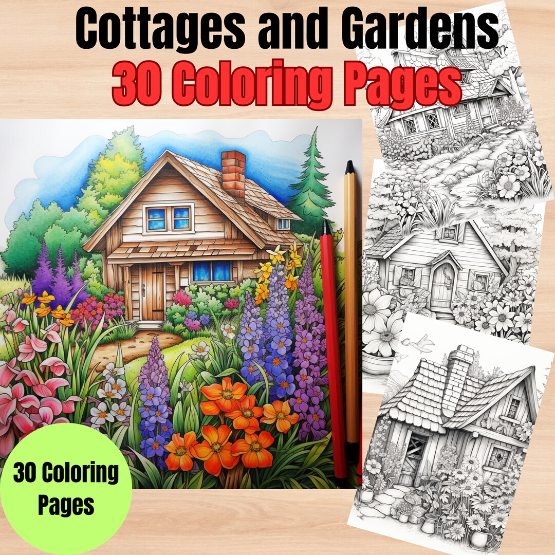 30 Cottage Gardens Coloring Pages, Garden Coloring Book, Adult ...