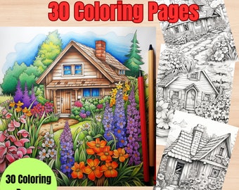 Cottage Gardens Coloring Book: 30 Rustic Landscape Pages (PDF Downloads)