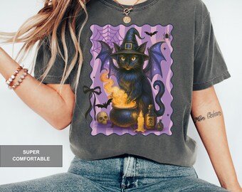 Comfort Colors Halloween Black Cat Shirt: Spooky Floral Retro Tee