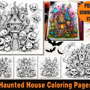 Páginas para colorear de casas embrujadas, páginas para colorear de Halloween, página para colorear de fantasmas, páginas para colorear de estaciones espeluznantes, hojas de actividades de Halloween para niños