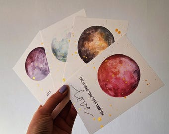 Moon Watercolor Postcards, Handmade with Gold Accents (A6 Size)