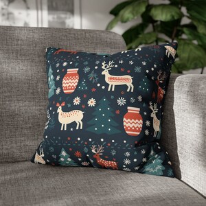 Funda de almohada Almohada decorativa cuadrada de vacaciones de invierno, funda de almohada de reno, almohada con motivo de invierno, cojín navideño azul oscuro (sin relleno)