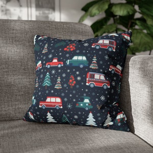 Pillowcase Vanlife Pillow Case, Camping Throw Pillow, Cars Vans Winter Holiday Christmas Decor, Blue Vehicle-Themed Pillow (no insert)