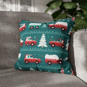 Pillowcase Winter Roadtrip Snowy Car Teal Pillow Case, Vehicle-Themed Pillow Throw Cover, Vanlife Holiday Gift (No insert)