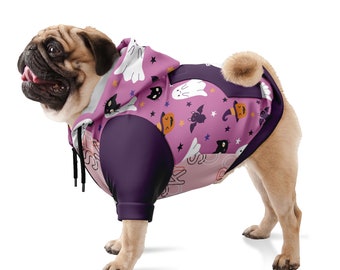 SPOOKY Halloween Dog Hoodie with Ghosts, Black Cats, Pumpkins & Bats, Pink Dog Hoodie, Cute Halloween Pet Costume, Pet Jacket, Dog Sweater