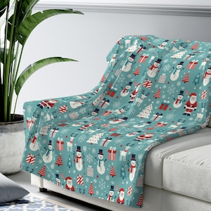 Merry Christmas Sherpa Fleece Blanket, Santa Snowman Reindeer Blanket, Teal Throw Blanket, Christmas Blanket Winter Throw Blanket Home Decor