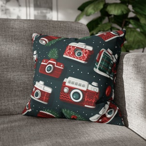 Pillowcase Vintage Camera Pillow, Holiday Green Pillow Throw, Christmas Pillow, Gift for Photographer, Kids Room Winter Decor (No insert)