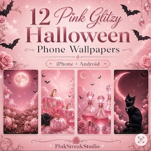 May include: A digital collection of 12 Pink Glitzy Halloween Phone Wallpapers for iPhone and Android by PinkStreakStudio. The display features four vertical panels showing pink pumpkins, ghosts, potion bottles, and a black cat under a moon.