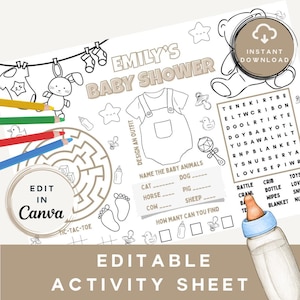 Baby Shower Kids Activity Sheet | Baby Shower Placemat | It&#39;s a Girl Placemat | Canva Editable | Printable Placemat Games | Gender Reveal