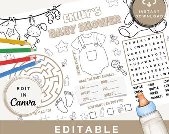 Neutral Baby Shower Activity Placemat | Printable Coloring Page (Canva Editable, Digital Download)