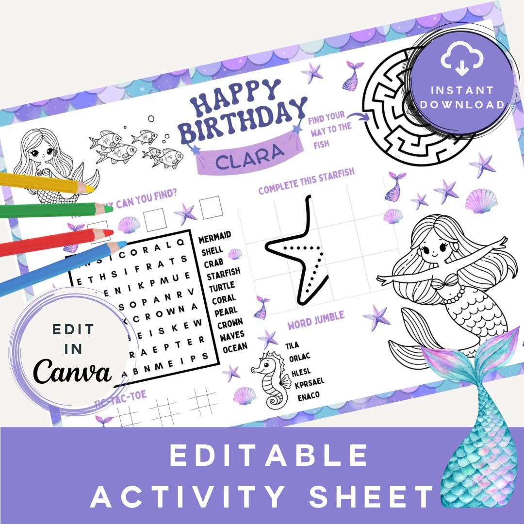 Editable Mermaid Birthday Placemat | Printable Party Activity (canva ...
