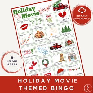 Jogo de bingo com tema de filme de Natal - Cartões de bingo Hallmark Rom-Com para impressão instantânea para diversão em família