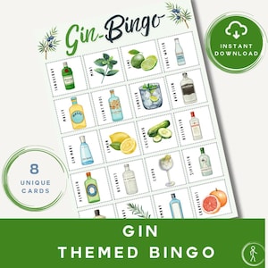 Ginbingo | Afdrukbare drankbingo | 8 unieke kaarten | Vrijgezellenfeest Bingo | Bingo met thema voor volwassenen | Direct downloaden | Gin-tonic-spel