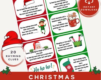 May include: Twenty red and green Christmas treasure hunt clue cards with rhyming clues. The cards feature illustrations of Santa Claus, elves, and a stocking.